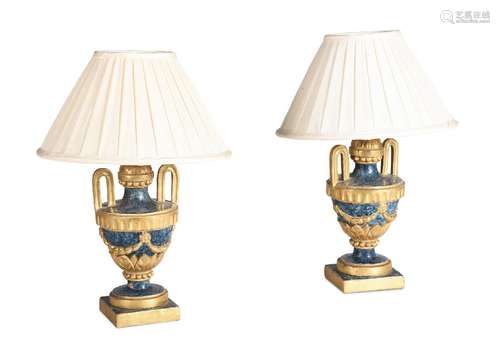 A PAIR OF GILT AND PAINTED SIMULATED LAPIS WOOD LAMP BASES, ...