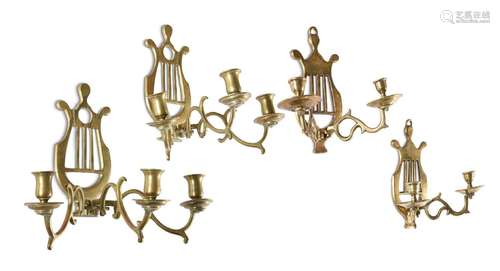 A PAIR OF BRASS LYRE BACK WALL LIGHTS, 18TH CENTURY