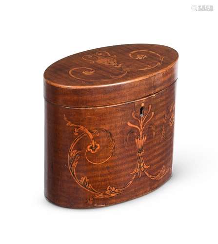 A GEORGE III HAREWOOD AND MARQUETRY TEA CADDY, IN THE MANNER...