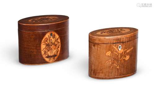 Y TWO GEORGE III HAREWOOD AND MARQUETRY TEA CADDIES, IN THE ...