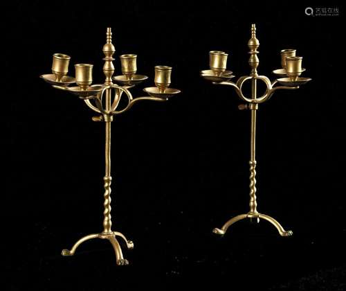 A PAIR OF BRASS ADJUSTABLE FOUR-LIGHT CANDELABRA, PROBABLY D...