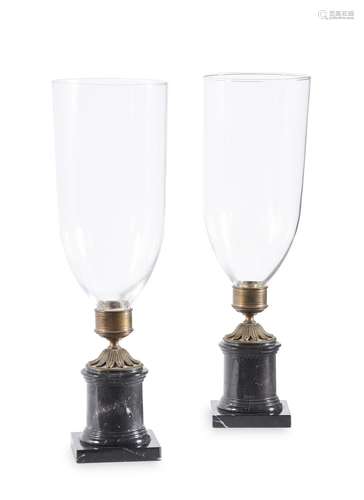 A PAIR OF GILT BRASS AND MARBLE STORM LANTERNS, IN REGENCY S...