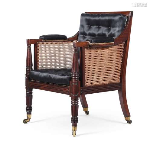 A REGENCY MAHOGANY LIBRARY BERGERE ARMCHAIR, CIRCA 1820