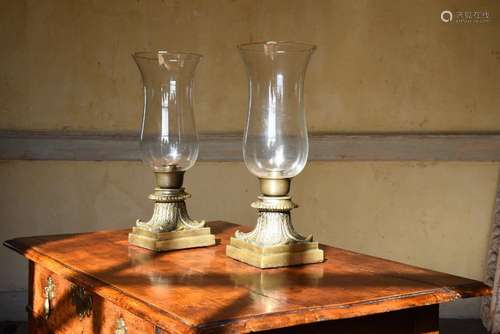 A PAIR OF BRONZE TABLE TOP STORM LANTERNS, LATE 19TH CENTURY...