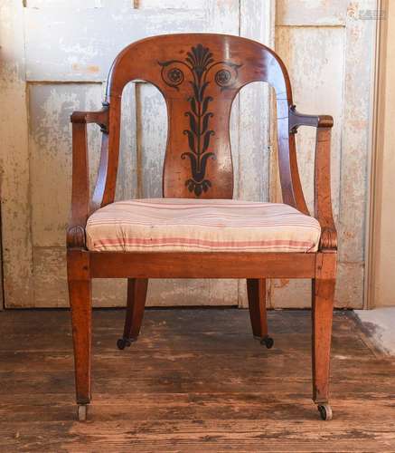 A LATE GEORGE III MAHOGANY AND INLAID ARMCHAIR, IN THE MANNE...