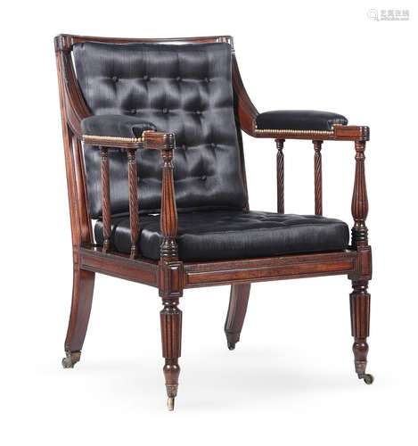 A REGENCY MAHOGANY LIBRARY BERGERE ARMCHAIR, CIRCA 1815