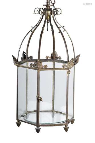 A GILT METAL HALL HEXAGONAL HALL LANTERN, EARLY 19TH CENTURY