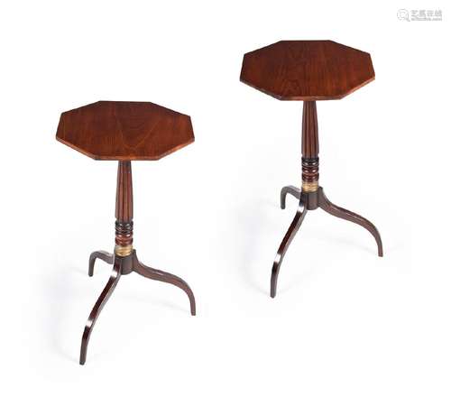 A PAIR OF MAHOGANY AND BRASS OCTAGONAL TRIPOD TABLES, IN REG...