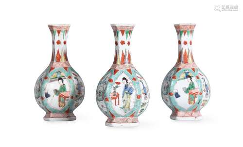 THREE CHINESE FAMILLE VERTE HEXAGONAL VASES, KANGXI