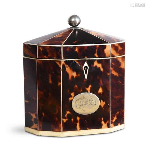 Y A GEORGE III TORTOISESHELL OCTAGONAL TEA CADDY, CIRCA 1780...