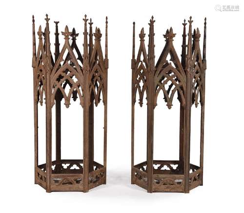 A PAIR OF LARGE VICTORIAN WROUGHT IRON HEXAGONAL LANTERNS, I...