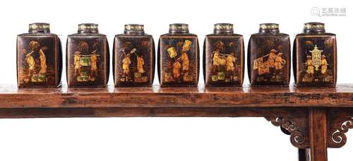 A SET OF SEVEN VICTORIAN TOLE PEINTE TEA CANNISTERS MID 19TH...