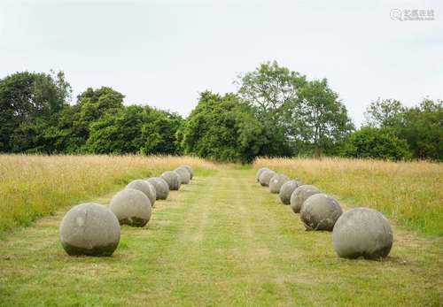 A LARGE PAIR OF STONE COMPOSITION BALLS, 20TH CENTURY