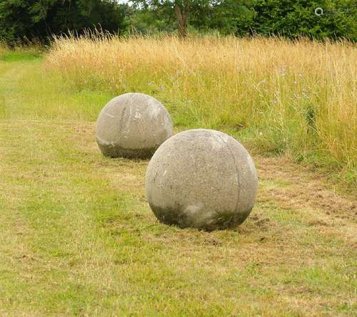 A LARGE PAIR OF STONE COMPOSITION BALLS, 20TH CENTURY