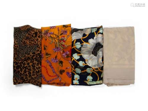 Four Designer Silk Scarves Including Lalique, Gucci, and YSL