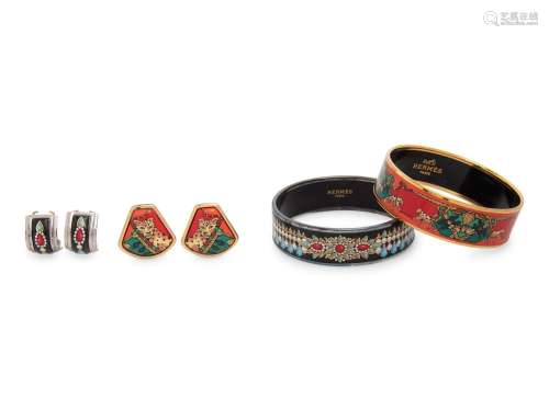 Two Pairs of Hermes Enamel Cuffs and Ear Clips