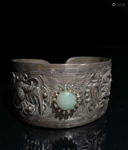 Silver Seal Engraved Dragon and Phoenix Old Jadeite Bracelet