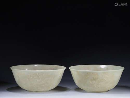 A Pair of Jade Dragon and Phoenix Bowls