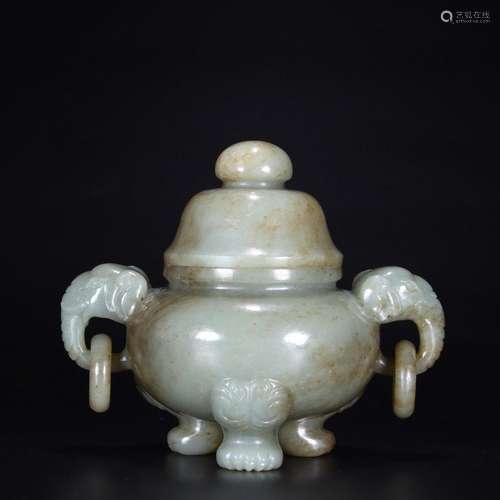 Old Collection Hetian Jade Double Elephant Ear Tripod Censer