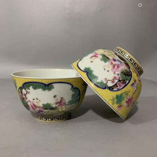 A pair of consecrated figure bowls with yellow ground flower...