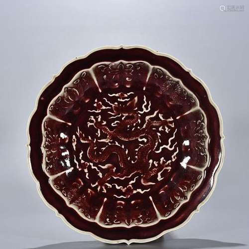 Ruby red glaze dragon pattern plate