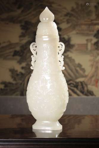 Dustan Crafted Jade Vase with White Jade Marks