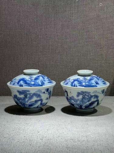 Red Landscape Covered Bowl with Blue and White Glaze