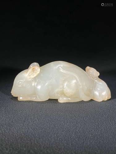 White Jade Rat and Mother Rat Pendant Handle