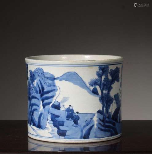 Blue and white landscape figures study pen holder