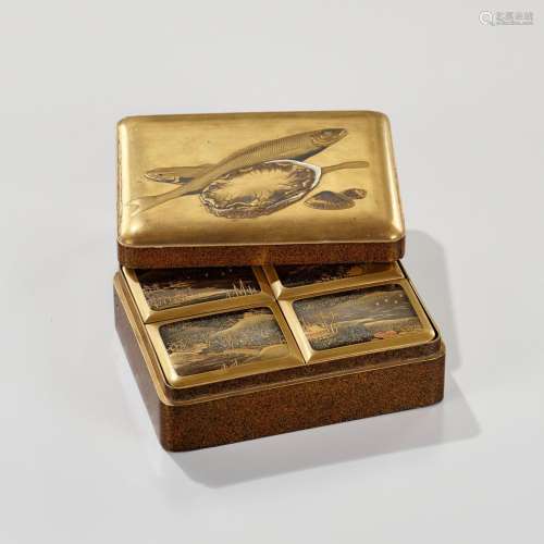 A GOLD LACQUER BOX AND COVER AND FOUR KOGO (INCENSE CONTAINE...