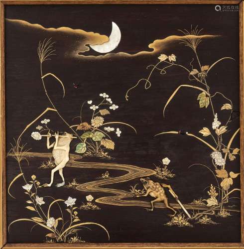 A SHIBAYAMA INLAID AND LACQUERED WOOD PANEL DEPICTING ANTHRO...