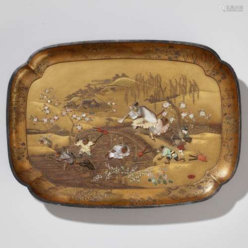 EKIFUMI: A RARE AND FINE SHIBAYAMA INLAID LACQUER TRAY DEPIC...