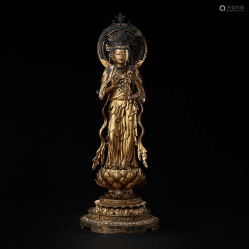 AN EXCEPTIONAL AND MONUMENTAL GILT WOOD FIGURE OF SEISHI BOS...