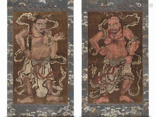 AN IMPRESSIVE PAIR OF LARGE SCROLL PAINTINGS DEPICTING NIO G...