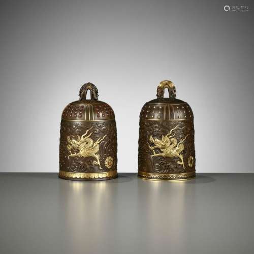A MATCHED PAIR OF GOLD-INLAID BRONZE `BUDDHIST TEMPLE BELL` ...