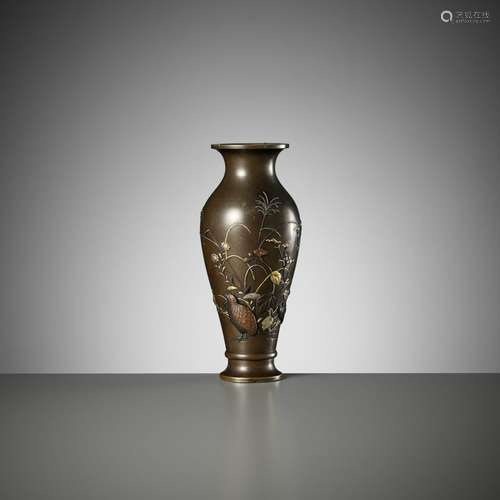 A FINE INLAID BRONZE VASE WITH QUAIL AND AUTUMN GRASSES