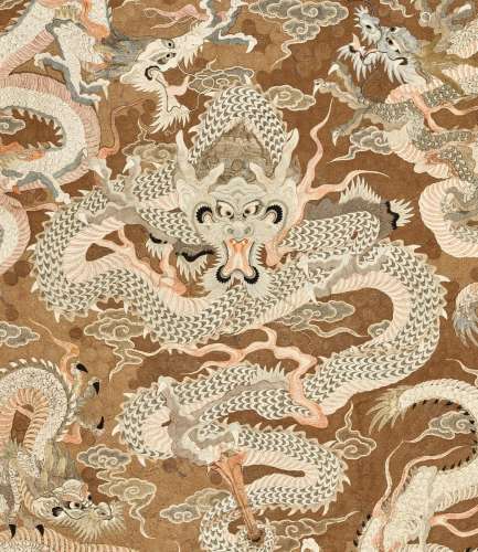 AN EXCEPTIONAL AND VERY LARGE SILK EMBROIDERED `SEVEN DRAGON...