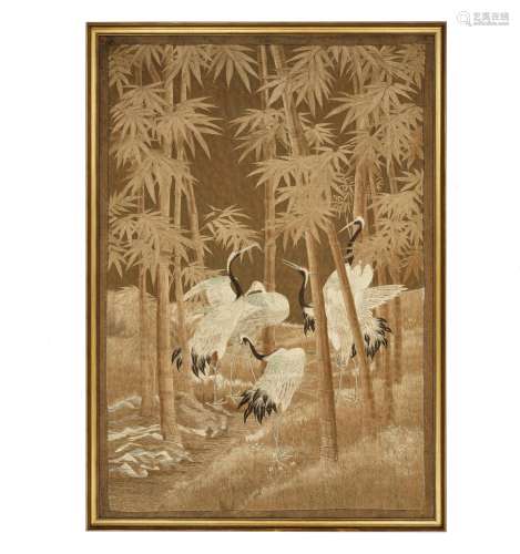 A LARGE FRAMED `CRANES` SILK EMBROIDERY