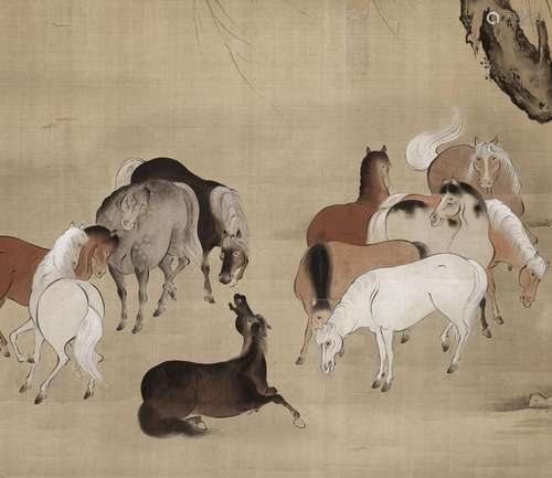 KANO YUSEN HIRONOBU: A KANO SCHOOL SILK PAINTING OF HORSES