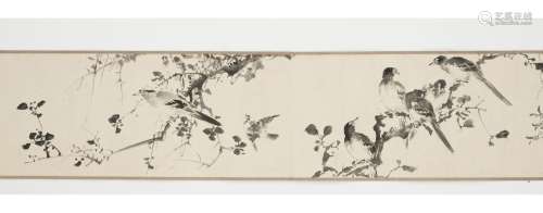 URAGAMI SHUNKIN: A 14-METER HANDSCROLL WITH BIRDS AND FLOWER...