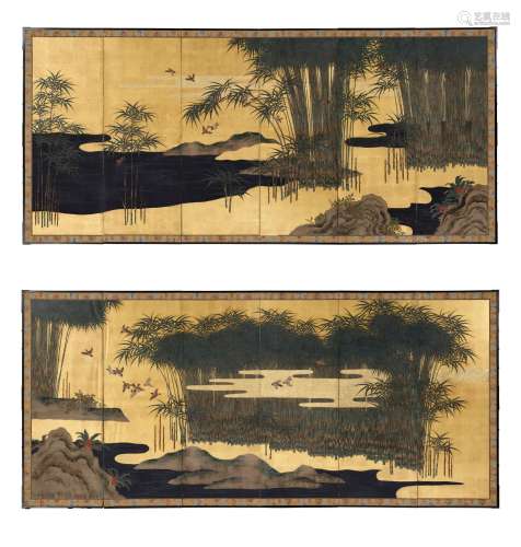A PAIR OF FINE SIX-PANEL BYOBU SCREENS DEPICTING SPARROWS AN...