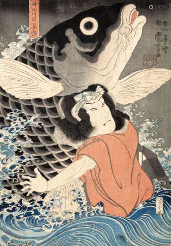 UTAGAWA KUNIYOSHI: A COLOR WOODBLOCK PRINT OF BENKEI FIGHTIN...