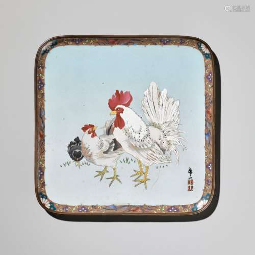 KINZAN: A CLOISONNÃ‰ ENAMEL SQUARE TRAY WITH COCKEREL AND HE...