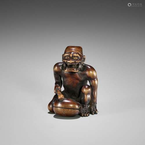 ITSUMIN: A FINE WOOD NETSUKE OF A REPENTING ONI WITH MOKUGYO