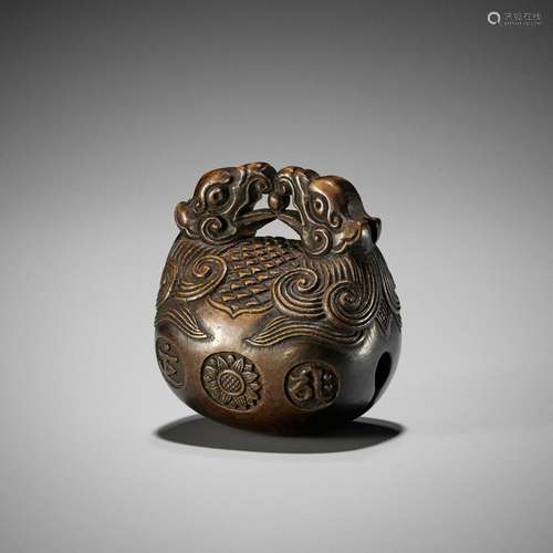 A LARGE WOOD NETSUKE OF A MOKUGYO, ATTRIBUTED TO GYOKUMIN