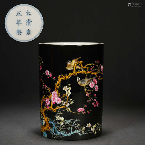 Qing Ink Ground Pastel Flower and Bird Pattern Pen Holder