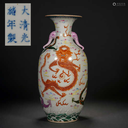 Qing Dynasty Enamel Colored Dragon Pattern Elephant Ear Vase