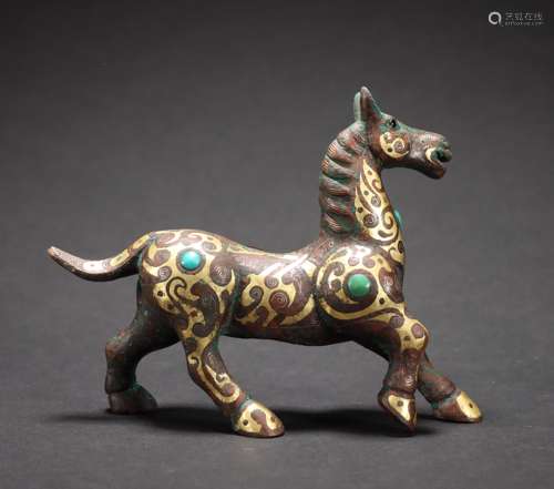 Han Bronze Interlaced Gold Inlaid Turquoise Horse Ornament