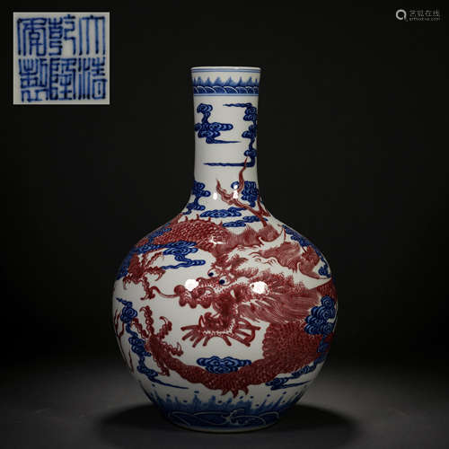 Qing Dynasty blue and white underglaze red dragon pattern ce...