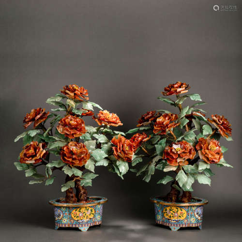 Qing court style cloisonne agate jade peony pair of bonsai